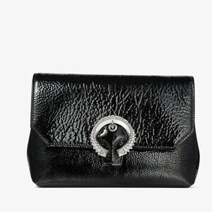 JIMMY CHOO Soft Madeline Black Patent Textured Leather Bag Crystal Buckle